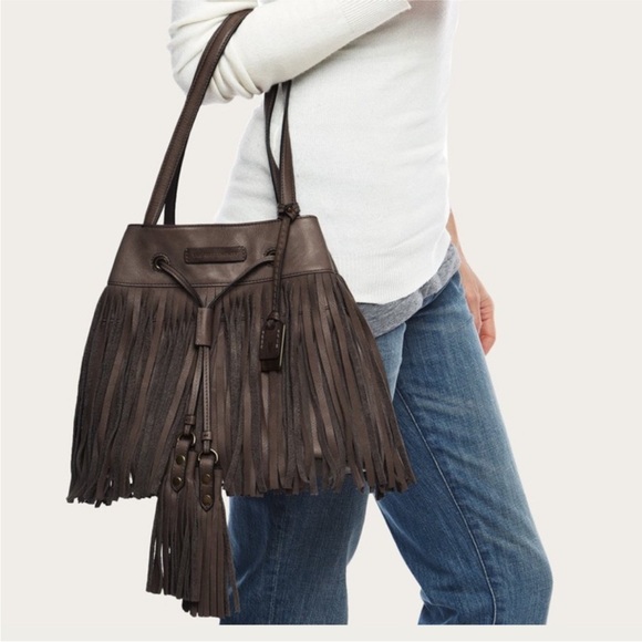 Frye Heidi fringe bucket bag in burgundy - Picture 2 of 10